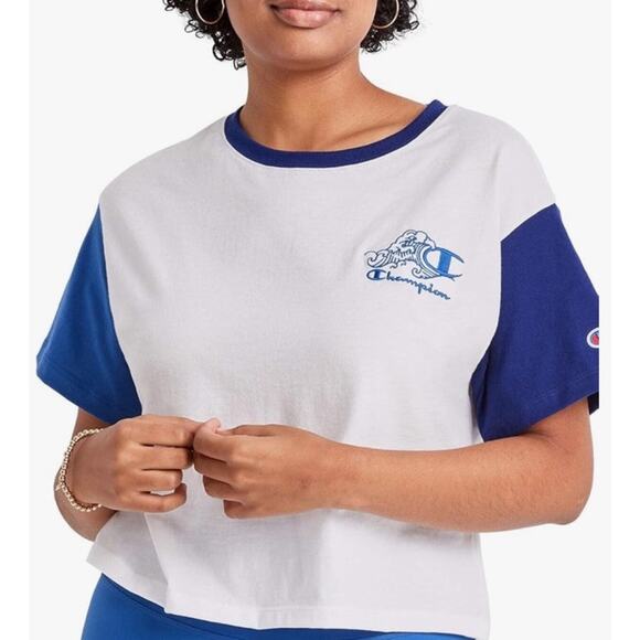 Champion | Colorblock Boxy Cropped Tee Top Woman's Medium Blue White Embroidered - Picture 1 of 8